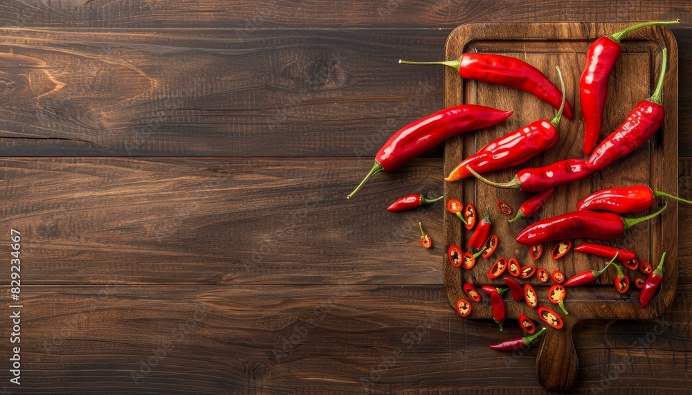 Fresh red chili peppers on a wooden chopping board arranged in a flat ...