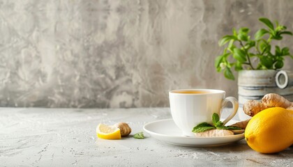 Wall Mural - Ginger tea and lemon on table Space available for copying