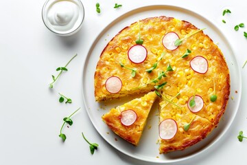 Canvas Print - Gluten free corn cake with cream cheese and radish for breakfast white background top view