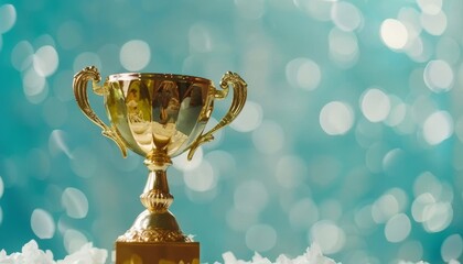 Wall Mural - gold trophy award with soft blue bokeh background space for text symbolizes winner or 1st place