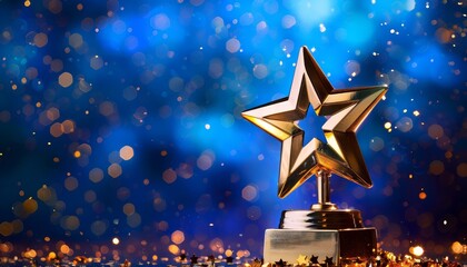 Wall Mural - gold star trophy with blue sparks background