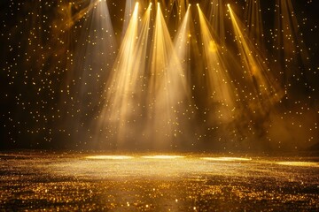 Poster - Golden glitter lights and stage lighting create abstract gold background for product display Realistic spotlight for Merry Christmas 2020