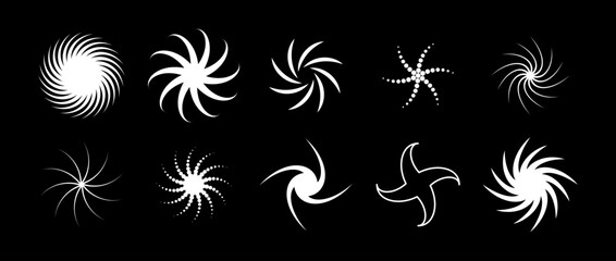 Poster - Various twist and swirl element set. White dotted twirl and rotating symbol collection. Circular radial revolving spinning whirlwind object bundle for graphic design, poster, banner. Vector pack