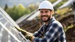 © CYBERUSS - Cheerful Solar Photovoltaic Installer Working on Renewable Energy Site
