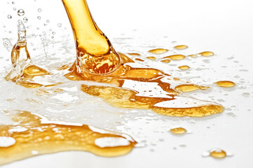 Wall Mural - Golden liquid splash on white background