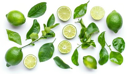 Wall Mural - Green Bergamot leaf group isolated on white Lime and Lemon leaves included with clipping path