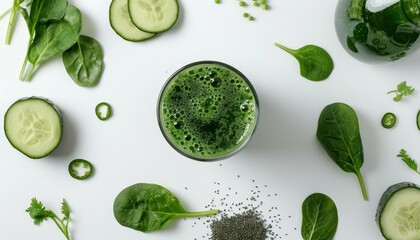 Green juice and ingredients on white background glass included