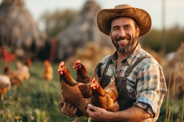 Chicken, farmer man in hat on livestock farm for sustainable, agriculture and environmental farming. Eco friendly, organic agro male with poultry animal for his industry business in the countryside