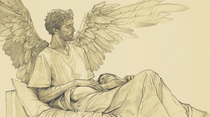 Wall Mural - Angel Appearing to Joseph in Dream, Advising on Marriage to Mary, Biblical Illustration, Beige Background, Copyspace