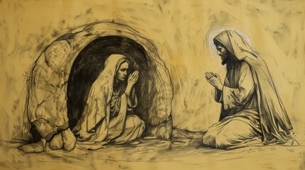 Wall Mural - Risen Jesus Appears to Mary Magdalene, Empty Tomb, Biblical Illustration, Beige Background, Copyspace