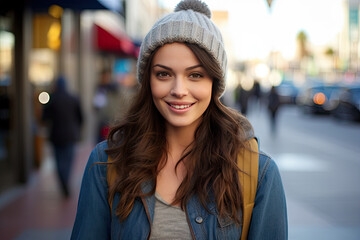  Young woman with a gentle smile wearing a gray beanie and casual jacket, strolling on a busy urban street in winter.