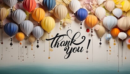 Paper art of thank you card calligraphy hand lettering hanging with colorful balloons