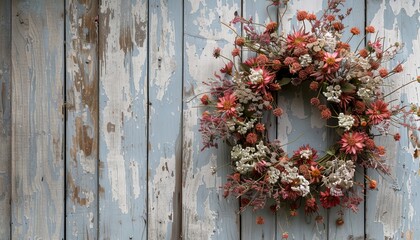 Close-up of a rustic floral wreath on an aged, weathered wooden wall, featuring dried flowers in warm autumn colors.