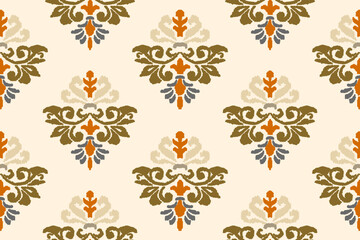 Wall Mural - Ikat floral paisley embroidery on white background. Traditional ethnic ikat, aztec abstract vector pattern, seamless pattern in tribal, folk embroidery and mexican style.