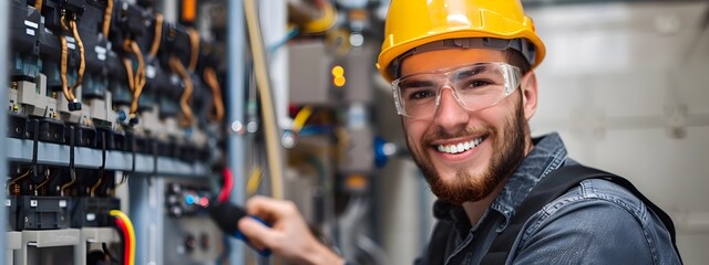 Wall Mural - Confident Electrician Working Diligently at Industrial Electrical Panel