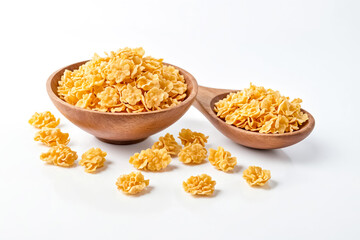 Sticker - Cornflakes in wooden bowl and spoon on white background