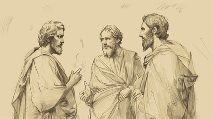 Wall Mural - Jesus Explains Scriptures to Disciples on Road to Emmaus, Hearts Burning, Biblical Illustration, Beige Background, Copyspace