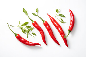 Wall Mural - Red chili peppers with green leaves on white background