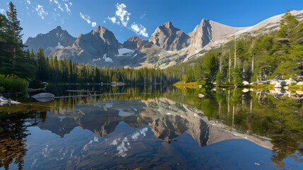 Peaceful mountain lake reflecting surrounding peaks