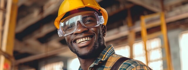 Wall Mural - Smiling African American Construction Worker in Hardhat and Safety Gear at Industrial Worksite