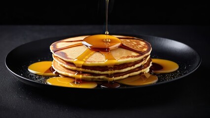 Wall Mural - High-Resolution Image of Luxurious Golden Pancakes with Syrup on a Black Surface