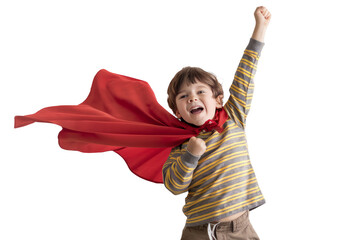 Superhero kids. Portrait of a little boy wearing a superhero costume on a white studio background. Children's dreams and fantasies..jpeg