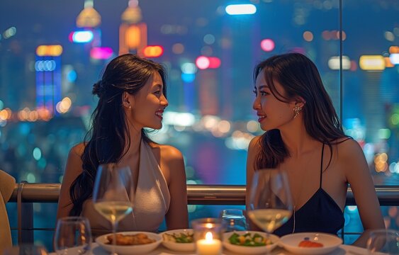 At a skyscraper rooftop restaurant in a city, two stunning Asian women pals get together for dinner.