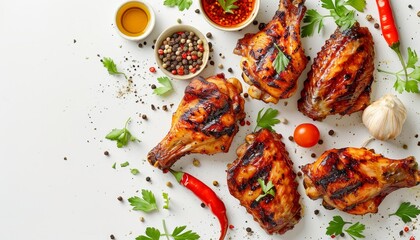 Wall Mural - Grilled chicken wings with vegetables and spices on a white background concept of food ideas