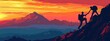 © Pihta - Cartoon landscape with a man who helps a woman climb to the top of a mountain. Silhouette illustration.