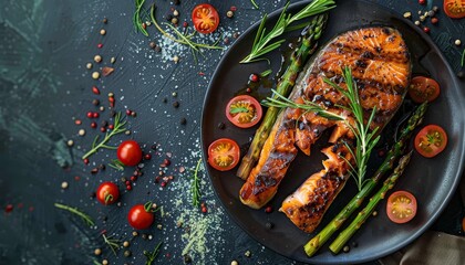 Wall Mural - Grilled salmon with asparagus and tomatoes from above