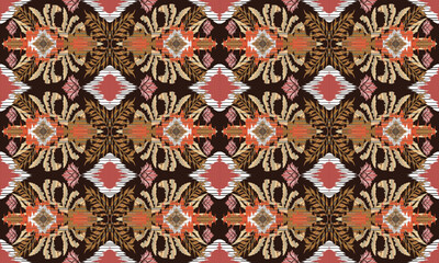 Wall Mural - Hand draw Ikat floral paisley embroidery.geometric ethnic oriental pattern traditional.Aztec style abstract vector illustration.brown background.great for textiles, banners, wallpapers.