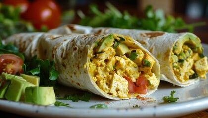 Poster - Healthy comfort food Vegan tortilla wraps with Scramble tofu salad tomatos and avocado