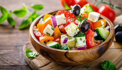 Sticker - Healthy raw food concept showcased by Greek salad on wooden background with feta cheese and black olives