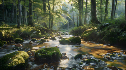Wall Mural - A stream of water flows through a forest with moss growing on the rocks