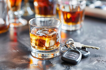 A bottle of whiskey and two glasses of whiskey on a table and car key. 