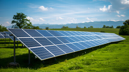 Wall Mural - A row of solar panels are lined up in a field