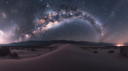 A starry night sky with a road in the middle of a desert