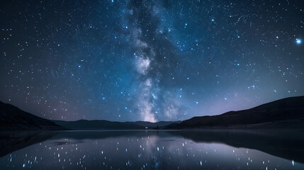 A beautiful night sky with a large body of water in the foreground