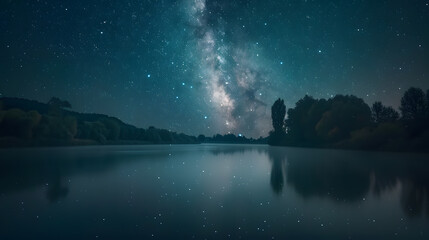 Wall Mural - A beautiful night sky with a river in the foreground
