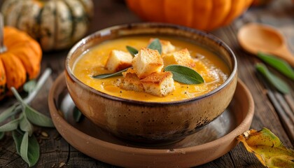 Wall Mural - Pumpkin soup with fresh sage and bread croutons on wooden background