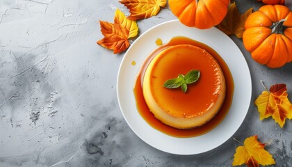 Wall Mural - Pumpkin flan a chilly dessert with caramel on a white plate on a concrete background Thanksgiving and Halloween theme