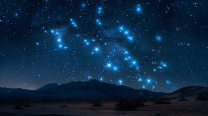 A starry night sky with a large mountain range in the background