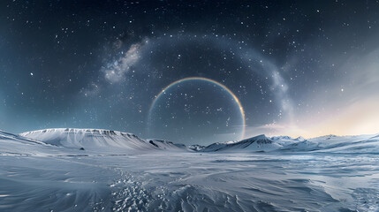 Wall Mural - A large, glowing circle is floating in the sky above a snowy landscape