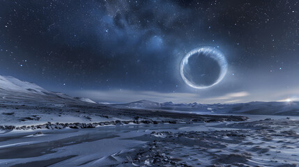 Wall Mural - A large, glowing circle is floating in the sky above a snowy landscape