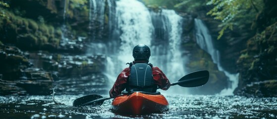 Wall Mural - Kayaker sport in helmet steers through serene waters near a cascading waterfall