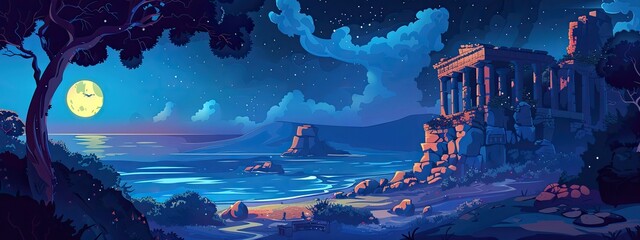 Wall Mural - The night landscape of the coast of a Greek island with a beautiful ancient Greek temple. Cartoon illustration.