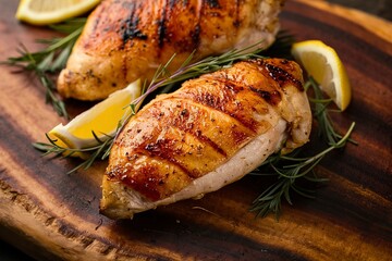 Grilled chicken breast on butcher board close up.