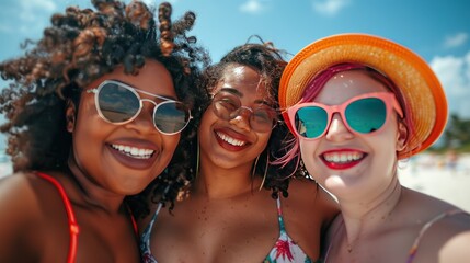 Wall Mural - authentic portrait of black women resting on beach, facial expression with bold positive emotions, African-American female friends laughs, intense expression, grained photo in 90s style, AI generated