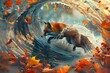 © vanilnilnilla - Autumn Fox Surfing Swirling Leaf Wave in Surreal Ocean