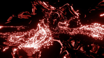 Wall Mural - abstract background with moving flickering particles. design. red bended tubes with duat glowing par